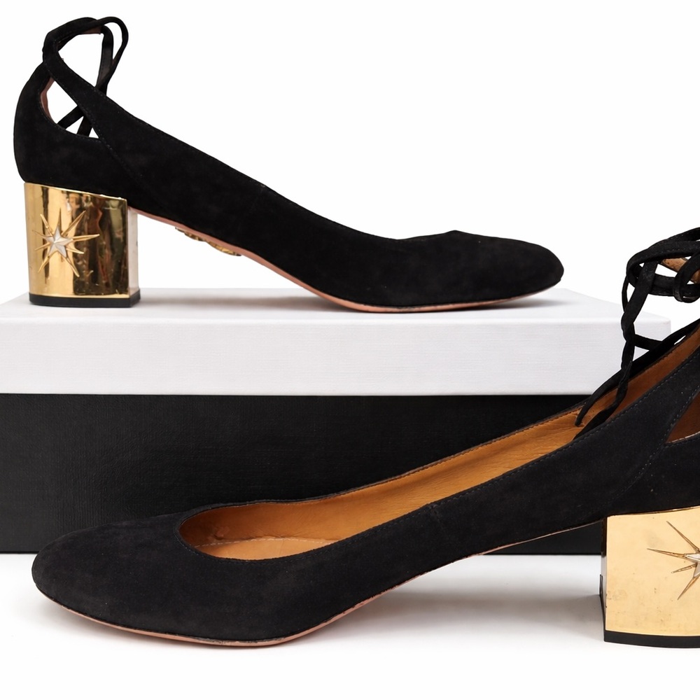 Aquazzura Black Suede Ankle-Tie Block Heels with Gold Embellished Heel - Picture 13 of 13